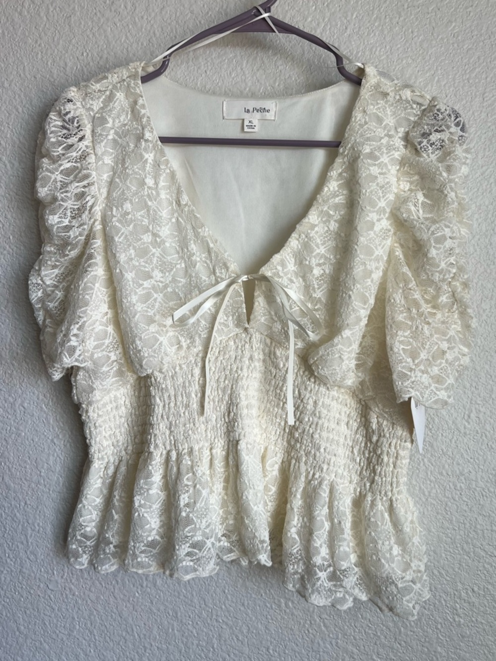 Ivory Lace Tie-Front Smocked Peplum Blouse